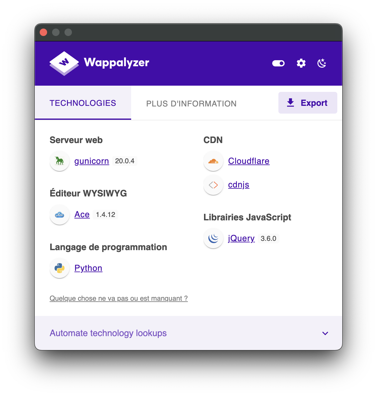 Wappalyzer Output