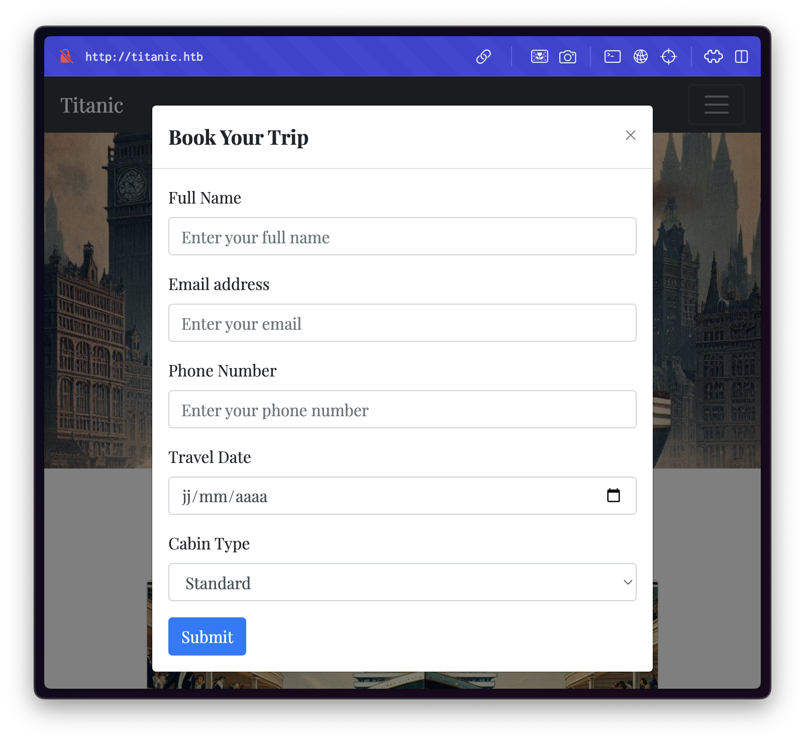 Titanic - booking form
